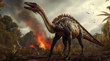 a realistic photo of a dinohunter in the style of cryengine, capturing the essence of jurassic park and the dinosaurs of easter weekend. this national geographic photo showcases an avian-themed scene, with dark amber and white tones. the 8k resolution brings out the energy-filled illustrations, while the burned and charred elements add a touch of intensity. ai generatedの素材