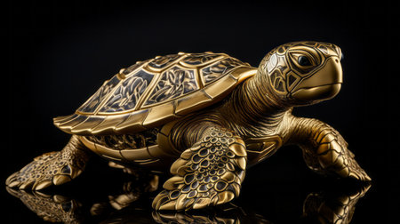 a bronze turtle statue is showcased in this photo, featuring intricate ink illustration-style details. the statue, captured with a tamron 24mm f/2.8 di iii osd m12 lens, displays a combination of dark gold and gold tones. the craftsmanship is polished and precise, reflecting a captivating gaze. the influence of japanese art is evident in this elegant piece. ai generatedの素材