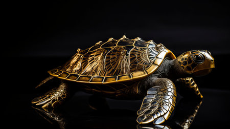 the golden turtle sculpture, with a white patina, showcases the artistic style of peter coulson and steinheil quinon 55mm f19. its dark gold and dark azure colors evoke a sense of elegance and depth. created using traditional japanese artistic techniques, this close-up photograph captured in 32k uhd resolution beautifully highlights the intricate details of the sculpture. ai generatedの素材