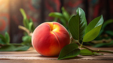 peach and leaf isolated on a wooden table, showcasing smooth and curved lines. the serene beauty of this composition is enhanced by the light red and white colors. with a precisionist touch, the image exudes a visually poetic feel. the traditional color scheme and ray tracing technique add depth to this captivating scene. ai generatedの素材