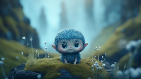 a cartoon-style fairy, rendered in cinema4d, stands gracefully on lush green grass near a mesmerizing waterfall. this ethereal creature captivates with its unique yokai-inspired illustration, resembling a plush doll. the gray and blue tones of the scene perfectly complement the serene beauty of the norwegian nature backdrop. this 32k uhd image showcases the magical charm of this enchanting fairy in a breathtaking setting. ai generatedの素材