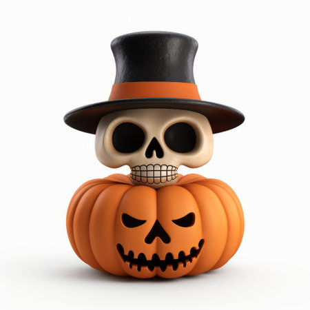 a small halloween skeleton, with detailed facial features, is depicted in a realistic style reminiscent of zbrush. the skeleton is wearing a top hat and sitting on a pumpkin. this artwork combines elements of john pawson's aesthetic with cartoony characters, showcasing the sculpted expertise of keos masons. ai generatedの素材