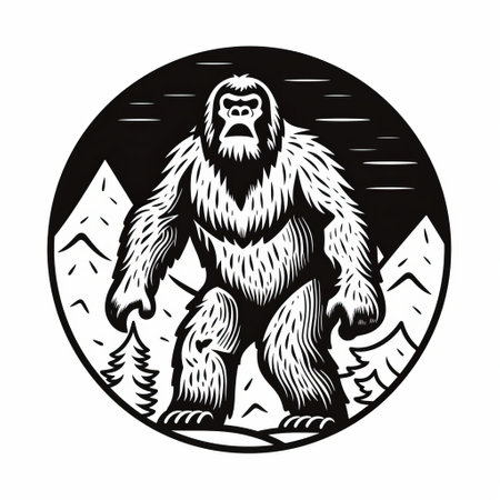 a hand-drawn bigfoot logo featuring a large brown wolf in a snowy forest. the logo is created in the style of exquisite black and white engravings, with elements of mountainous vistas, pop art iconography, columns, and totems. it also incorporates influences from british topographical art and 2d game art, resulting in a unique and rounded design. ai generatedの素材