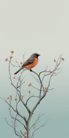 a bird perched on branches against a grey background, depicted in a realistic and hyper-detailed style. the dark orange and black colors create a striking contrast. the illustration has a childlike quality reminiscent of hyman bloom's work. the minimalistic landscape and historical illustration elements add depth to the realistic detail. ai generatedの素材