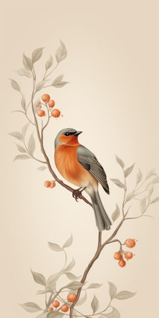 a bird with blue feathers perched on branches adorned with berries. this realistic landscape artwork by artem chebokha, inspired by the tang dynasty style, features soft, tonal colors in light red and light orange. the wallpaper showcases intricate details, reminiscent of scientific illustrations. ai generatedの素材