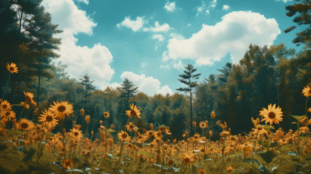 sunflowers on a field under a blue sky and clouds, showcasing the forestpunk style. this photorealistic rendering captures the atmospheric woodland imagery, reminiscent of american impressionism. created using cinema4d, the soft and dreamy scenes evoke a nature-inspired installation. ai generatedの素材