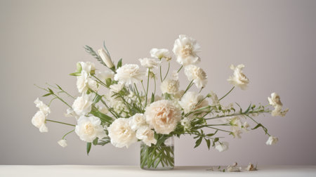 carnation and lisianthus flowers arranged elegantly, highlighting their stems and leaves, captured in a stunning advertising photograph. studio lighting and a light background enhance the beauty of these flowers. no humans are present in this captivating image. ai generatedの素材