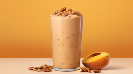 a peach smoothie, presented in a 1 liter plastic cup, showcases a delightful combination of flavors. with a layer of peanut butter powder nestled in the middle and a generous sprinkling of pecans on top, this refreshing beverage is a treat for the senses. the image is set against a blank background, allowing the vibrant colors and enticing textures to take center stage. ai generatedの素材
