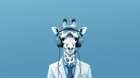 a giraffe in a suit, listening to music, is depicted in this minimalist image. the artwork, created by etam cru, features a light blue and white color scheme. with a satirical touch, this photographically detailed portraiture showcases the giraffe in a junglecore setting. the image is available in 8k resolution. ai generatedの素材