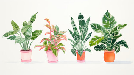 four vibrant illustrations of plants in white pots are displayed on a white background. the style of strip painting is evident, with dark pink and light green colors dominating the artwork. the illustrations also incorporate light orange and light indigo shades, creating an enigmatic tropical atmosphere. these editorial illustrations showcase a precisionist approach to capturing the beauty of plants. ai generatedの素材