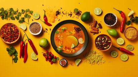 a large bowl of chilean curry, beautifully layered with a variety of aromatic spices. this commercial-style image showcases the vibrant yellow color of the curry, with minimal retouching for an authentic feel. the bold and bright presentation captures the essence of the dish, while the poured texture adds visual interest. the matte finish and warm tonal range enhance the overall appeal of this mouthwatering photo.の素材