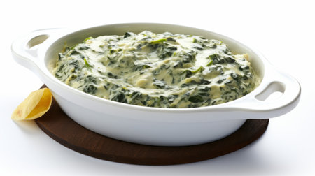 a bowl of green spinach dip with lemon is showcased in this high definition photograph. the dip is presented on a white background, reminiscent of the style of charles willson peale. the contrasting dark white and navy colors create a repetitive and carcore aesthetic, while the supple mass of the dip adds texture to the image. ai generatedの素材