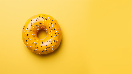 a donut with colorful sprinkles sits on a vibrant yellow background, showcasing a minimalist aesthetic. the photo has been processed using the caffenol developing technique, inspired by the artistic style of jonas burgert. the solid and structured composition of the donut contrasts beautifully with the matte background, creating a unique solapunk vibe. ai generatedの素材