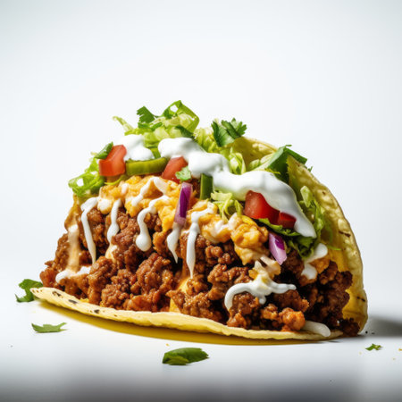 a meat wrapped taco is showcased on a white surface, illuminated by softbox lighting. the image features wet-on-wet blending techniques, bold lines, and vibrant colors. captured in 32k uhd resolution, this photo captures a sense of suburban ennui. the sky-blue and white backdrop adds a crisp and clean look to the composition. ai generatedの素材
