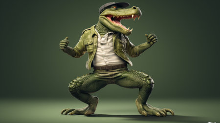 a dinosaur wearing a military uniform, inspired by the expressive character design of mike campau, showcases a unique blend of frogcore and hip-hop influences. this realistic portrayal, reminiscent of percy tarrant's style, captures the essence of the dinosaur's powerful presence with a dynamic and serpentine figure. ai generatedの素材
