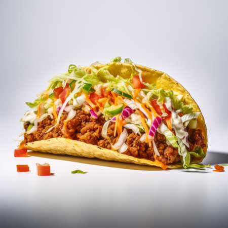 a taco with salads and veggies is showcased on a white background. the photo is captured in the style of lensbaby composer pro ii with edge 50 optic, by matthias haker. the image features intricate linework, spiky mounds, and wet-on-wet blending techniques. this 8k 3d photo beautifully highlights the deliciousness of the taco while incorporating artistic elements. ai generatedの素材