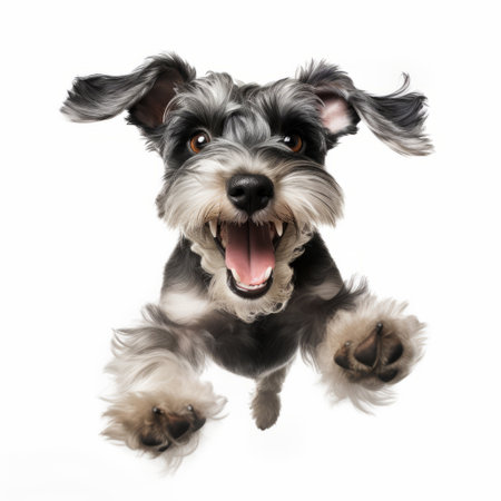 a dog leaps gracefully through the air, showcasing its dynamic and exaggerated facial expressions. the photograph captures the dog's energetic movement with a focus stacking technique, highlighting its light white and dark gray fur. the macro zoom lens allows for a lively portrayal of the dog's teethcore. this image is reminiscent of the style of agostino tassi. ai generatedの素材