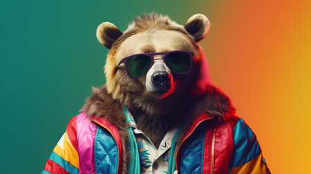 a male bear in modern punk fashion attire, sporting a long, surreal hairstyle, is captured in this photo. the bear is seen laughing uproariously, with smoke surrounding him. he has tattoos and piercings, and his eyes are closed in extreme happiness. the image features exaggerated elements, reminiscent of wes anderson's vibrant color palette. the bear is placed against a retro striped background, illuminated by professionalの素材