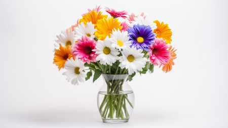 a colorful bouquet of daisy flowers, arranged in a simple vase, set against a plain white background. the vibrant colors of the daisy flowers pop against the clean backdrop, creating a visually striking image. the well-lit photograph showcases the intricate details and beauty of the flowers. ai generatedの素材