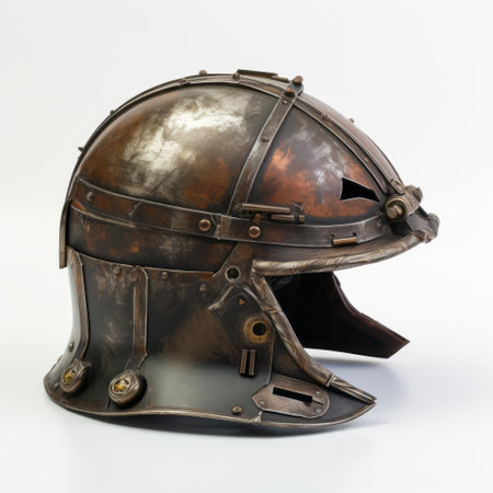 metal helmet with glazed earthenware-style buckles in light red and dark bronze. this frontal perspective photo showcases the distressed surfaces and machine-like precision of the helmet. influenced by caravaggism and the heidelberg school. ai generatedの素材