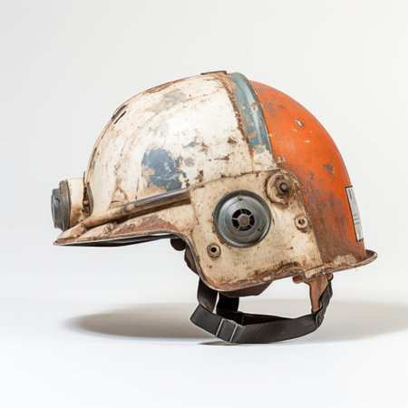 an orange helmet, with a patinated and oxidized style, is placed on a white background. this site-specific commission showcases the helmet from a high-angle perspective. the photograph is captured using a fujifilm eterna 160t type 8531 film, with an m42 mount, adding a unique touch to the maidcore aesthetic. ai generatedの素材