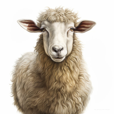 a realistic and hyper-detailed rendering of a sheep with brown hair, looking directly at the camera. this portrait, created in the style of mark arian and john larriva, showcases the intricate details of the sheep's features. the light yellow and light beige tones add to the realistic portrayal, while the red accents provide a touch of contrast. ai generatedの素材