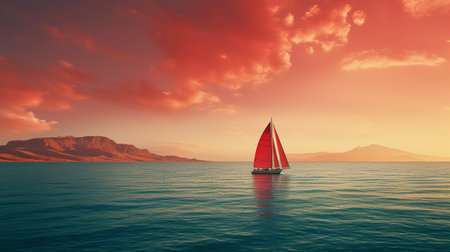 a sailboat gracefully sails through a mesmerizing turquoise ocean at sunset. this stunning image, reminiscent of nostalgic landscapes, is captured in the style of red and aquamarine by the talented artist filip hodas. it evokes a sense of romantic fantasy, with soft and romantic scenes bathed in a gentle light. the image is available in 8k resolution, ensuring every detail is beautifully rendered. ai generatedの素材