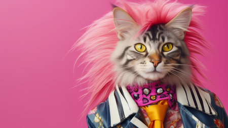 a male cat in modern punk fashion attire, sporting a long, surreal hairstyle, is captured in this photo. the cat is seen laughing uproariously, with eyes closed, exuding extreme happiness. the image features exaggerated elements, reminiscent of wes anderson's vibrant color palette. the retro color striped background adds to the advertising-like aesthetic, enhanced by the use of profoto lighting. this 8k, cinematographic photo is aの素材