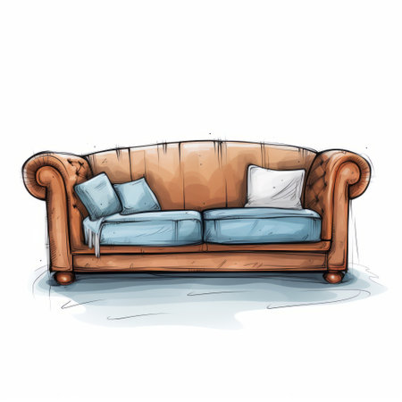 leather sofa on a white background, whimsical watercolor style, light brown and blue hues. speedpainting captures abandoned spaces with witty and clever cartoons. rustic charm and dynamic sketching bring life to this unique artwork. ai generatedの素材
