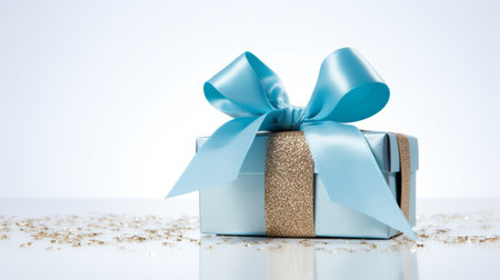 blue present box with gold polka dots, wrapped in glitter and diamond dust style. the box is placed on a white background, showcasing its eye-catching metallic finishes. captured with a tamron sp 70-200mm f/2.8 di vc usd g2 lens, the box features a stunning combination of silver and aquamarine colors, creating a light aquamarine and beige aesthetic. ai generatedの素材