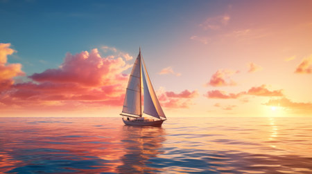 a large sailboat gracefully floats on a serene lake, set against a breathtaking sunset backdrop. this realistic yet romantic scene captivates with its vibrant colors and soft gradients. the reefwave adds a touch of excitement to the hyper-realistic water, while stormy seascapes enhance the pictorial storytelling of this captivating image. ai generatedの素材