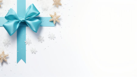 blue and gold christmas bouquet featuring gold stars and arrow, with copy space and a blue ribbon under the frame. the photo is in the style of light turquoise and white, showcasing snow scenes and minimalist photography. the white background and matte finish enhance the scattered composition, with shades of cyan and aquamarine adding a touch of elegance. ai generatedの素材