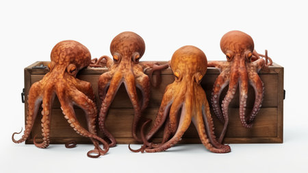 octopus perched on wooden box, showcasing realistic forms in the style of lois greenfield. this hyper-realistic animal illustration captures the intricate details of the octopus. the uhd image highlights the precision and skill in industrial and product design. the maritime scene adds depth and context to the composition. ai generatedの素材