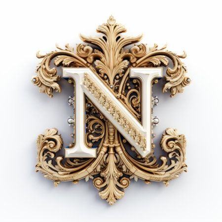 a decorative antique letter "n" crafted from gold and adorned with intricate gold ornaments. this 3d illustration showcases the baroque style with its ornate details, conceptual embroideries, and organic form. the light white and light gold colors add an eye-catching touch to this piece. the intricate woodwork and narrative depictions make it a truly unique and captivating item. ai generatedの素材