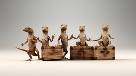 four dinosaur characters, reminiscent of adam martinakis' hyperrealistic wildlife portraits, stand proudly beside wooden boxes. this lively group composition, inspired by bill gekas, captures the charm and whimsy of these charming characters. shot on cinestill 50d film, this photo embodies the unique style known as "frogcore.", ai generatedの素材