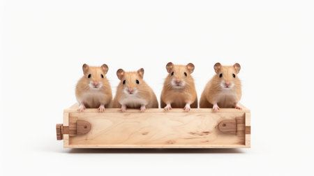 brown hamsters are captured in an old wooden box, showcasing their adorable charm. this high-resolution photo features layered translucency, with a soft blend of light white and light orange hues. the minimalistic and clean composition exudes a progressive academia vibe, reminiscent of the works of firmin baes. the hamsters strike dignified poses, adding an extra touch of elegance to the image. ai generatedの素材