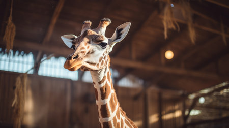 a giraffe's head, captured in a tilt-shift photograph, is turned away from the camera. the image showcases emotive storytelling techniques with a focus on facial expressions. the light orange and light brown hues add depth and warmth to the composition. this tabletop photograph, shot on fujifilm pro 400h, offers a detailed and high-resolution 8k image. ai generatedの素材