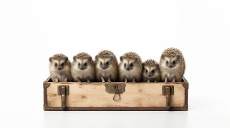 four hedgehogs collaborating to transport a wooden box in various angles. the image showcases a front view, rear view, and 3/4 view of the scene. the hedgehogs are depicted as skinny. the photo is cut out against a white background, illuminated evenly with ring lighting. rendered in 8k octane, the image boasts exceptional detail. ai generatedの素材