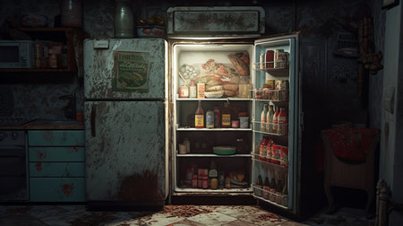 the photo showcases a refrigerator opening up in a minimalist kitchen, inspired by the style of stefan gesell. the scene depicts a post-apocalyptic world with elements of farm security administration aesthetics. the artist, dino valls, has captured the moodiness of the setting through the use of rich and realistic colors, while paying attention to photorealistic details. ai generatedの素材