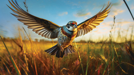 ultra-realistic sparrow with vibrant plumage strutting through a field of tall grass. photo hyper-realism captures the iridescent feathers, mirroring tim laman's bird photography. bright, natural lighting highlights the sparrow's vivid colors, ranging from deep blues and greens to fiery reds and oranges. shot with a canon eos r5 mirrorless camera and rf 100-500mm f4.5-7.1 l is usm lens, the full-body composition emphasizes the sparrow's strikingの素材