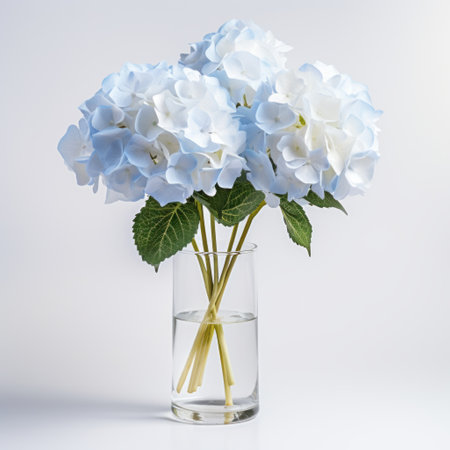 a stunning hyper-realistic uhd image featuring a vase filled with three flowers. the flowers are beautifully rendered in a mix of light white and light blue colors, resembling water. the high-key lighting enhances the transparent and translucent medium of the flowers. the overall composition, with a combination of white and navy tones, creates a breathtakingly beautiful scene. ai generatedの素材