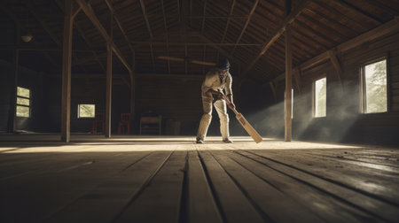 a man holding a baseball bat in a barn, captured in the style of backlit photography. this classical, historical genre scene showcases light yellow and light indigo tones, creating an expansive and atmospheric space. the image is presented in 8k resolution, highlighting the timber frame construction with exacting precision. ai generatedの素材