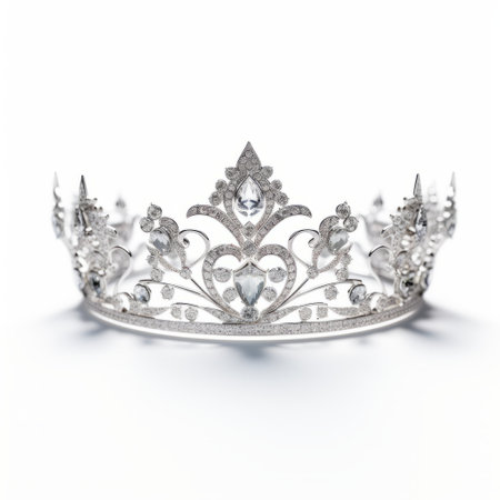 a high wing tiara, reminiscent of the 17th century, is elegantly displayed on a pristine white background. this uhd image, captured in the style of signe vilstrup, showcases the romantic honesty of the design. the matte photo features a beautiful combination of light gray and silver, adding a touch of sophistication to this exquisite accessory. ai generatedの素材