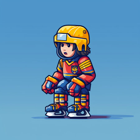 a female ice hockey player, depicted in a playful character design, sits on her skateboard. the artwork showcases 2d game art with a dark sky-blue and amber color scheme. the player's strong facial expression adds intensity to the childlike illustrations. the bold color usage and uniformly staged images create a visually striking composition. ai generatedの素材