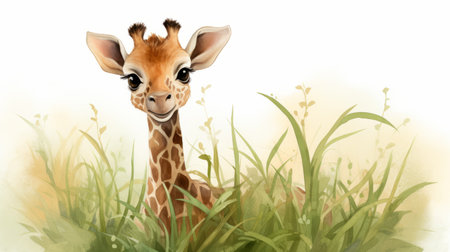 a young baby giraffe stands gracefully in tall grass, captured in a playful caricature style. this hyper-realistic animal illustration showcases the artistic talent of the illustrator, making it a perfect choice for editorial illustrations. ai generatedの素材