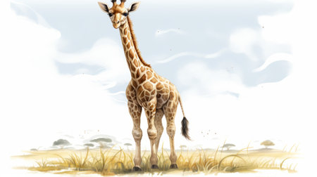 a giraffe standing in a field, depicted in a hyper-realistic style reminiscent of steve henderson's detailed character illustrations. the artwork showcases intricate background elements, resembling the art of the ivory coast and children's book illustrations with a touch of comic art. ai generatedの素材