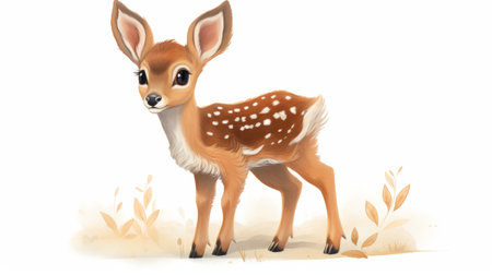 a cute fawn stands gracefully in a field surrounded by lush green leaves. this hyper-realistic animal illustration, with its dark white and light orange tones, showcases a detailed character design. the style combines elements of cartoon realism and varied brushwork techniques, resulting in a captivating and visually appealing image. found on flickr. ai generatedの素材