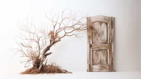 a stock photo featuring a door surrounded by trees. the photo showcases a nature-inspired installation with light brown and beige tones. the surrealist-inspired imagery creates an organized chaos, with sculptural arrangements and twisted branches. the minimalist staging adds to the overall aesthetic. ai generatedの素材
