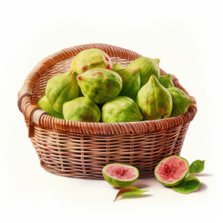a basket brimming with fresh green figs, captured in a photorealistic style. the figs showcase a beautiful combination of light green, white, and hints of crimson. this image evokes a sense of historical illustrations with its attention to detail. shot at iso 200, the figs are arranged in rough clusters, adding a touch of natural authenticity. a perfect representation of the snailcore aesthetic, reminiscent ofの素材