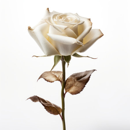 a single white rose, in the style of light gold and dark bronze, stands alone against a clear background. this meticulously detailed still life captures the essence of large-scale photography installations. with gothic references and unpolished authenticity, the symbolic props add depth to the composition. ai generatedの素材